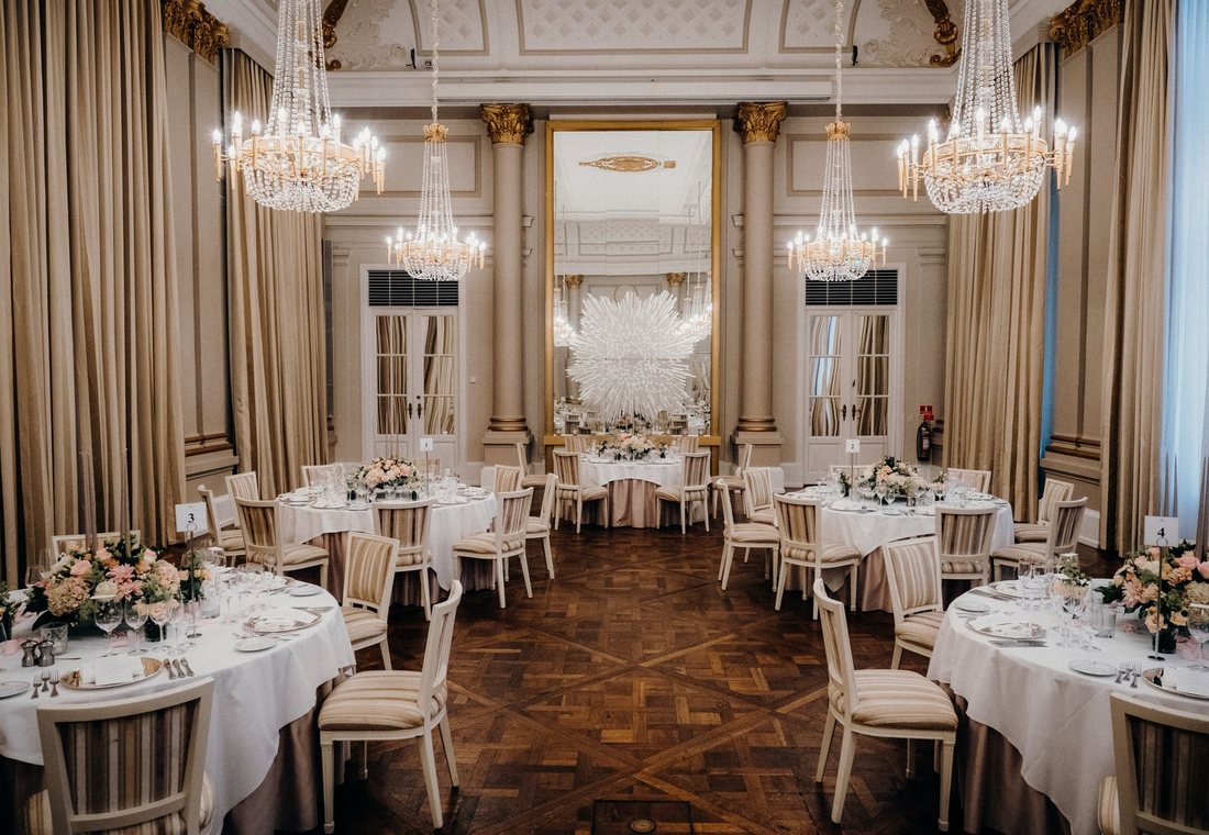 The Sunburst Ballroom laid for a dinner